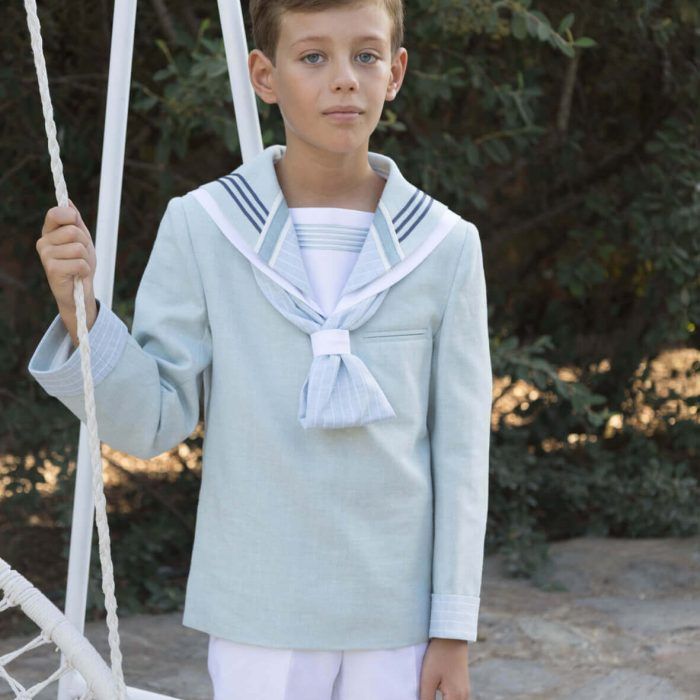 Traje de comunion marinero en tono verde y blanco