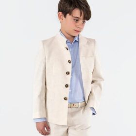 Chaqueta niño Spagnolo en lino beige con cuello Mao y bolsillos de plastrón