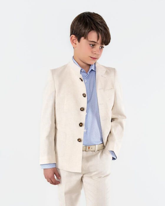 Chaqueta niño Spagnolo en lino beige con cuello Mao y bolsillos de plastrón