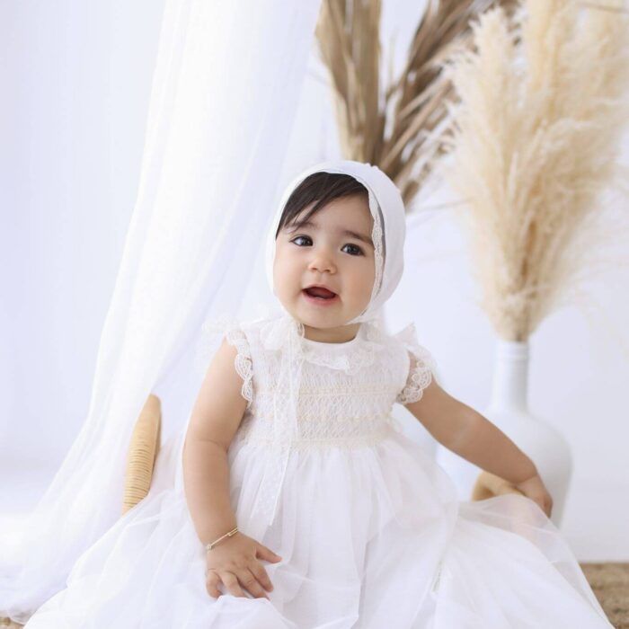 faldón bautizo Niseret organza nido de abeja