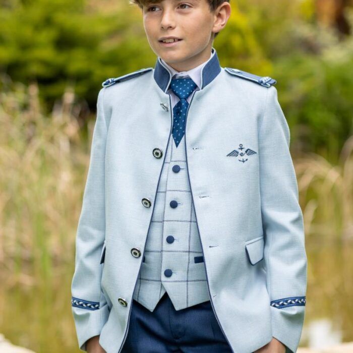 Traje de comunión niño almirante celeste y marino con chaleco