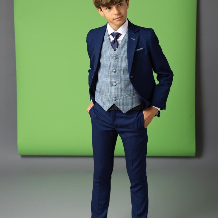 Traje niño comunión e invitados marino con chaleco de cuadros