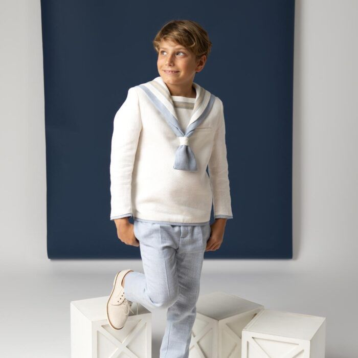 Traje de comunión niño modelo marinero blanco y celeste Nova Drima