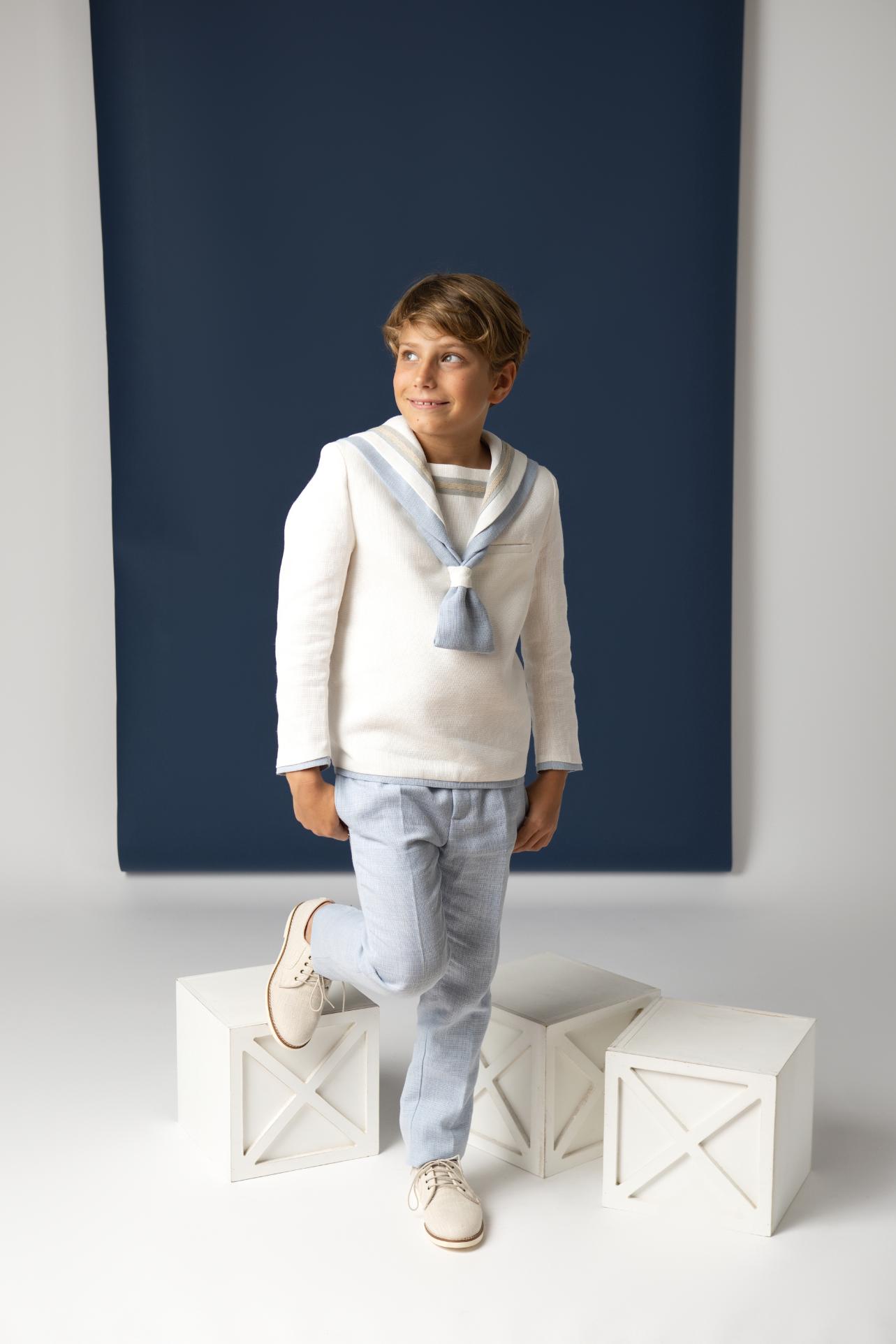 Traje de comunión niño modelo marinero blanco y celeste Nova Drima