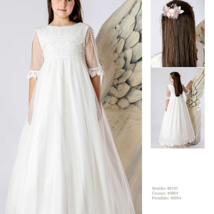 Vestido de comunion en tul y color blanco con puntillas de Guipur