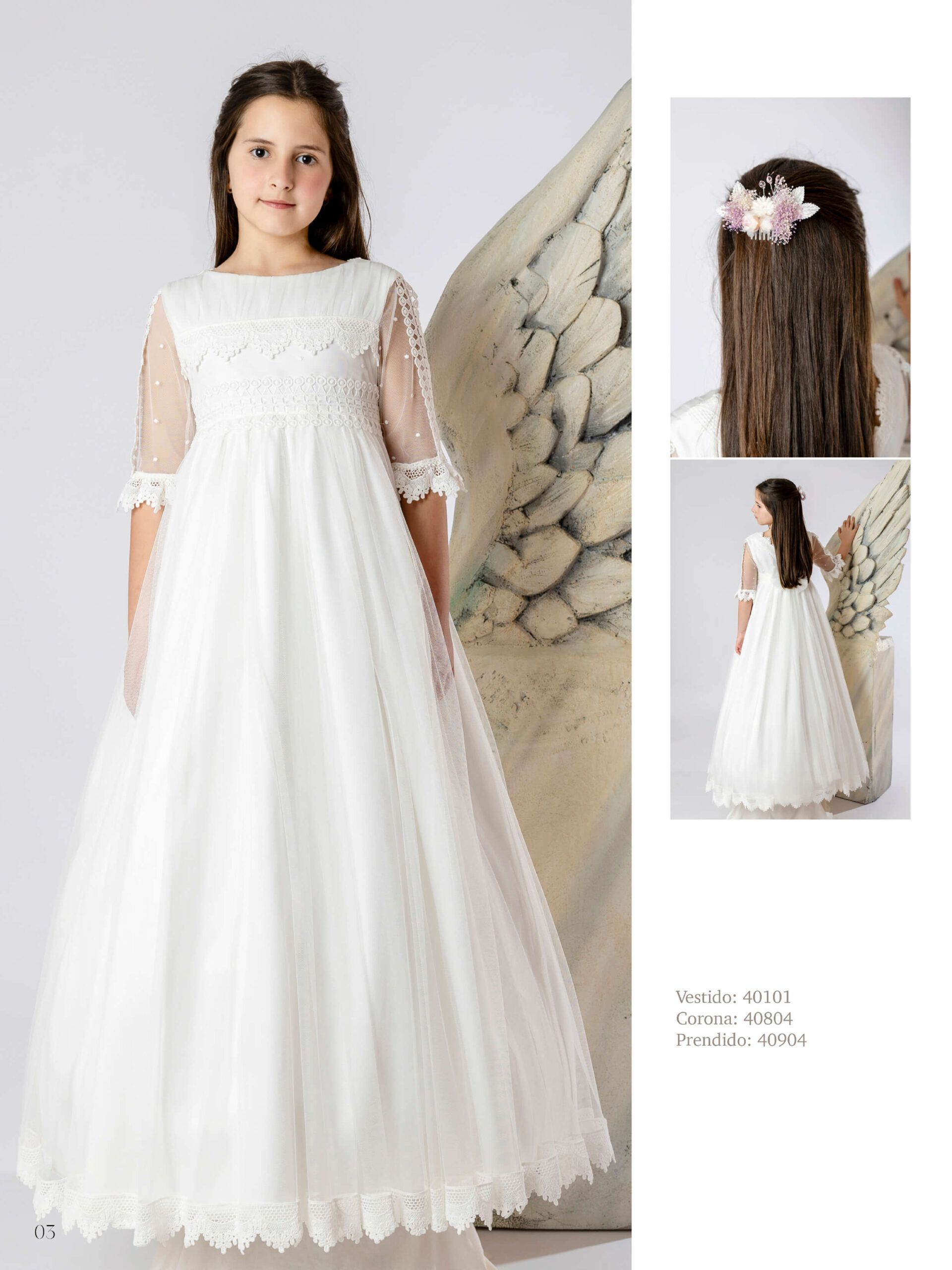 Vestido de comunion en tul y color blanco con puntillas de Guipur