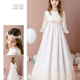 Vestido de comunión Lilus beige y rosa con encajes y tul bordado