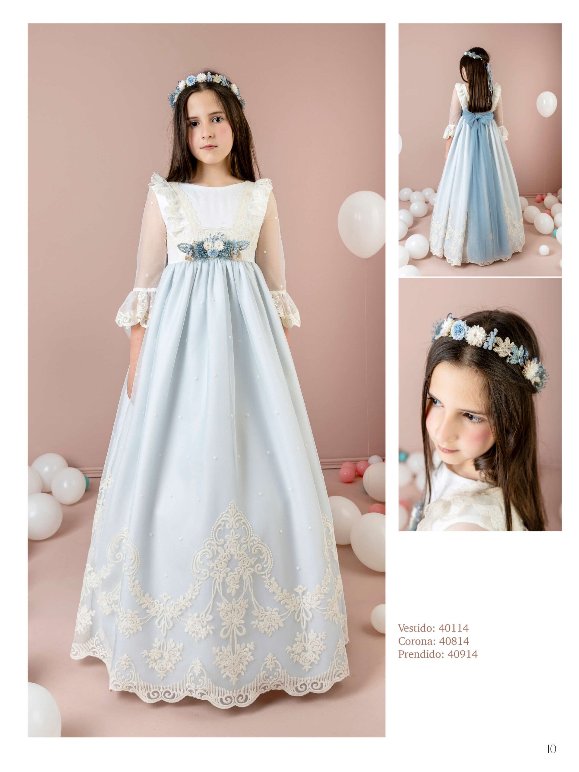 Vestido de comunión Lilus con cuerpo en beige de encajes y falda en tul bordado con fondo celeste y manga francesa