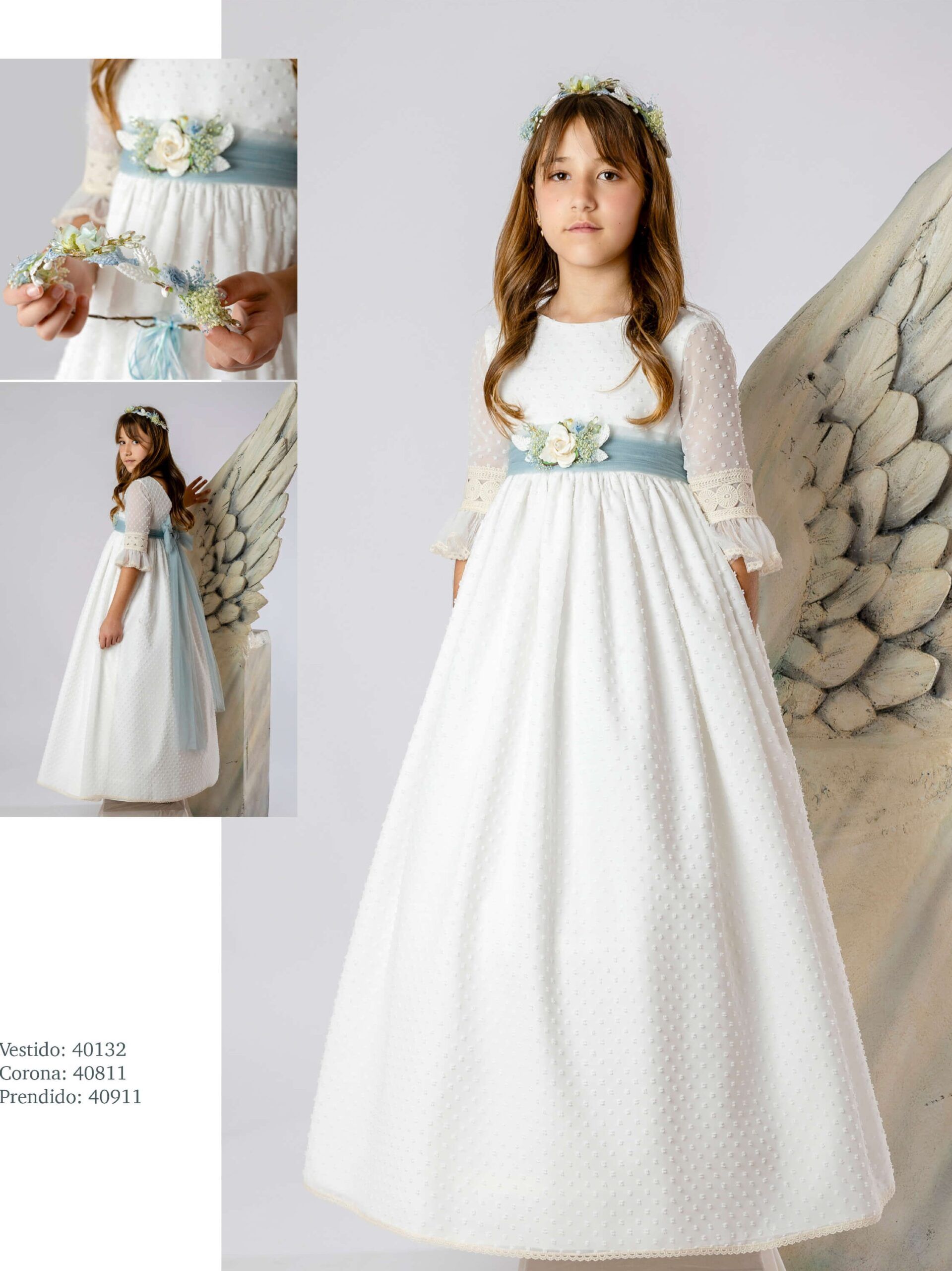 Vestido de comunión Lilus artesanal en beige de plumeti con encajes y fajín verde con flores