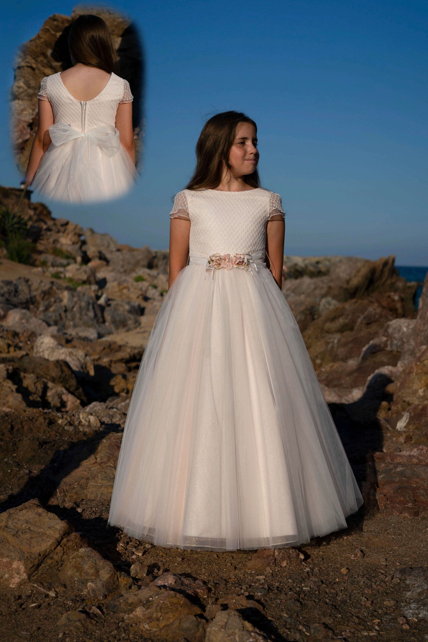 vestido de comunión Co & Ce en tul rosa con manga pequeña