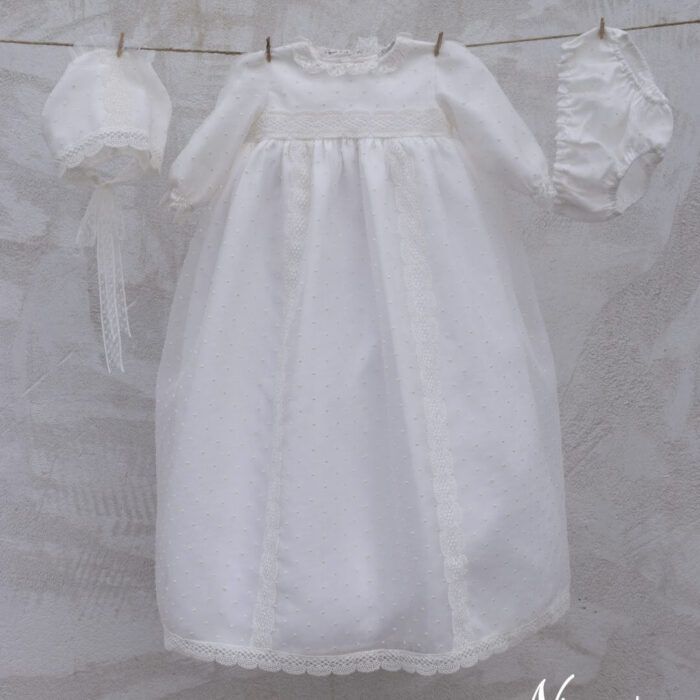 Faldón de bautizo organza cristal plumeti guipur