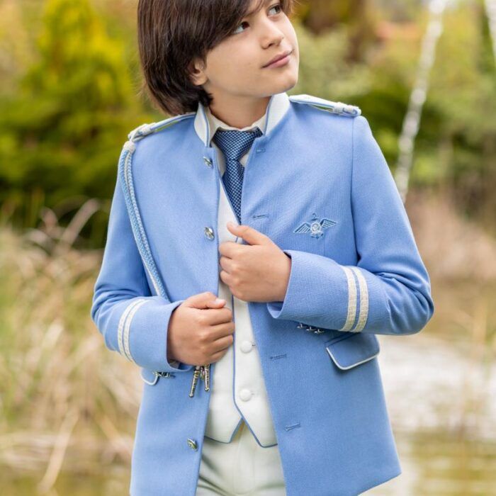 Traje de comunión de almirante azul y beige con cuello Mao de Eslora Comuniones