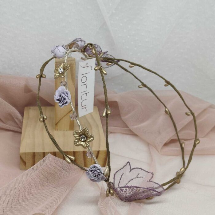 Corona artesanal dorado y lila para comunión Floritur