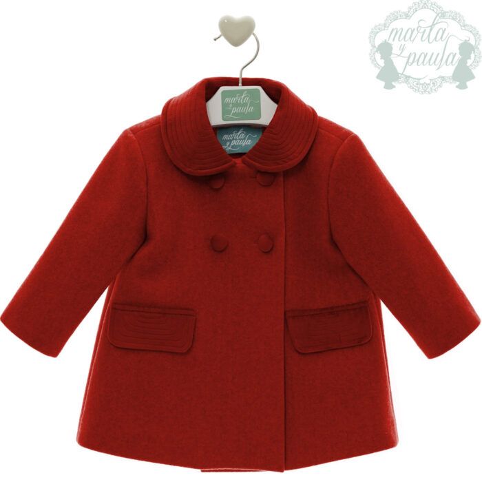 Abrigo de niña en paño color rojo con capota