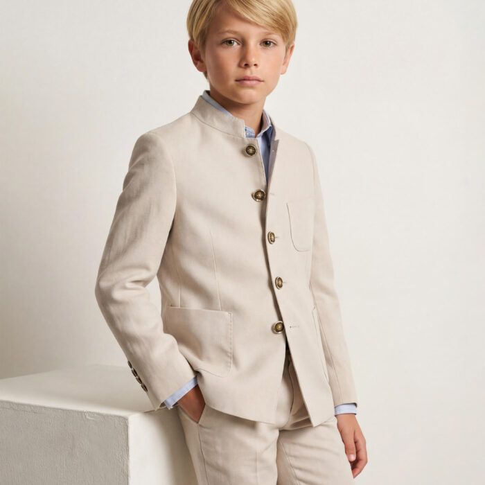 Chaqueta beige de niño Spagnolo con cuello Mao en Calabuch Modas