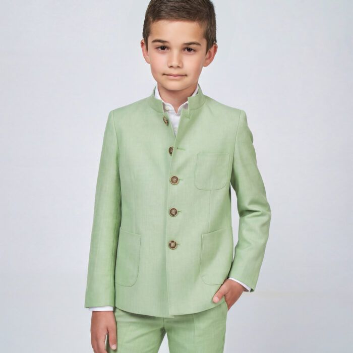 Chaqueta Spagnolo verde para niño con cuello Mao y bolsillos de plastón disponible en Calabuch Modas