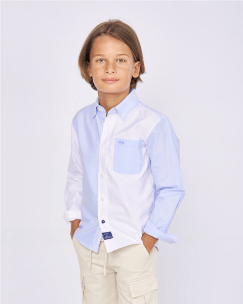 camisa niño Spagnolo blanca detalles azul claro manga larga