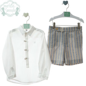 conjunto niño Marta y Paula bermuda rayas tostado azul polo manga larga