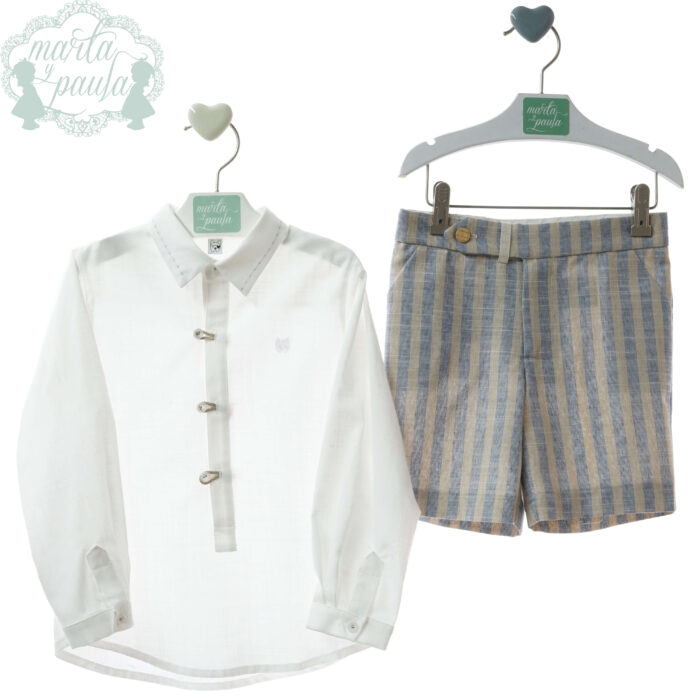 conjunto niño Marta y Paula bermuda rayas tostado azul polo manga larga
