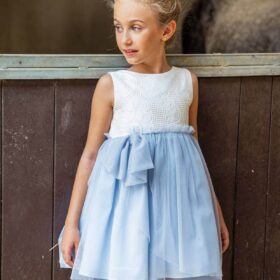 vestido niña Marta y Paula brocado beige tul celeste empolvado