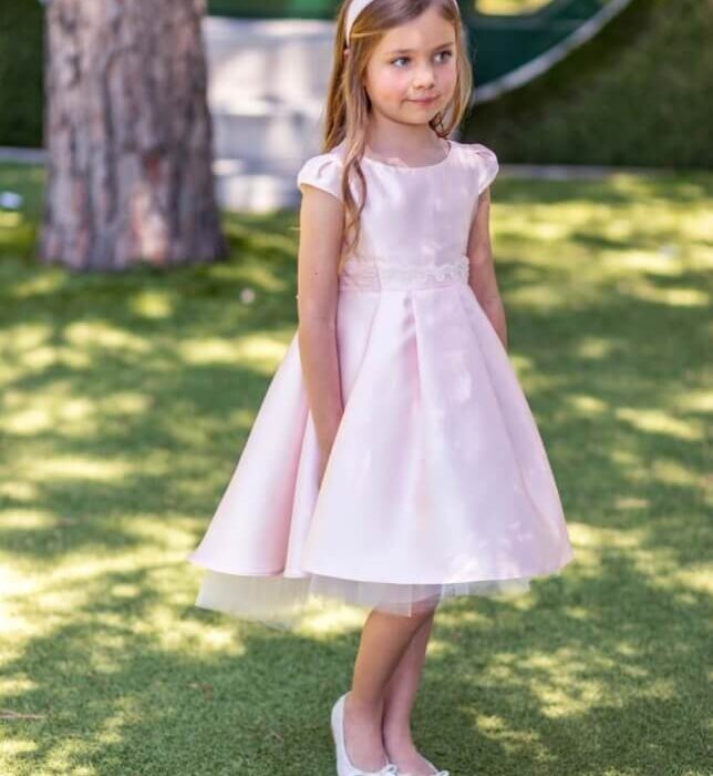 vestido pre teen Amaya rosa mikado falda capa