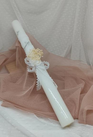 Vela decorada artesanal Mi Bautizo con puntilla y paniculata para Bautizo.