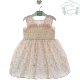 Vestido estampado rosa para niña con cuerpo de encaje y tul.