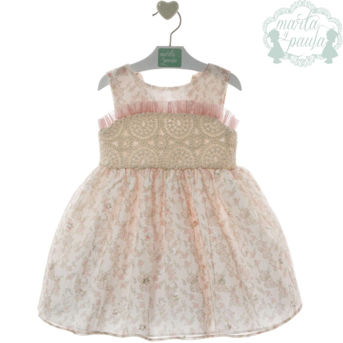 Vestido estampado rosa para niña con cuerpo de encaje y tul.