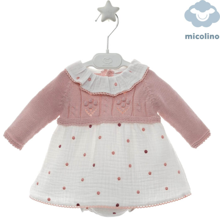 Jesusito rosa Micolino bebé con falda blanca de topitos rosas