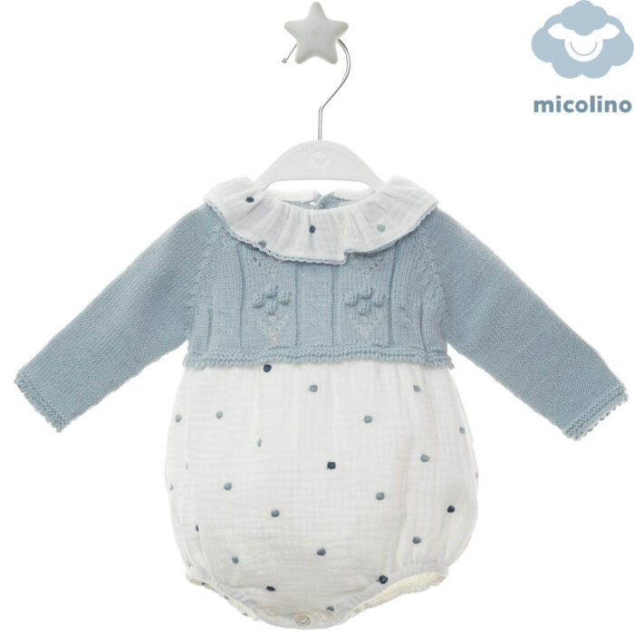 Ranita azul Micolino bebé con topitos azules y cuello