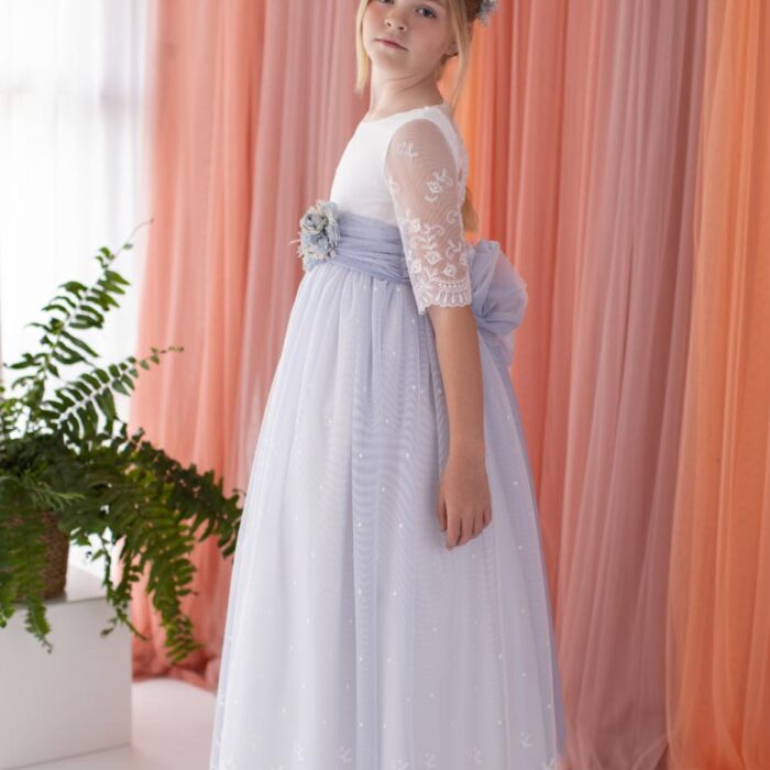 Vestido comunión Niseret blanco con blonda y tul