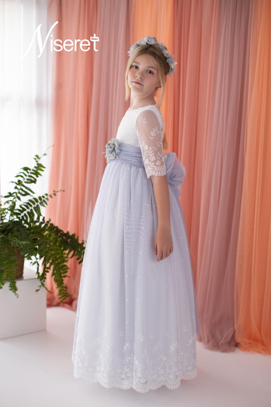 Vestido comunión Niseret blanco con blonda y tul