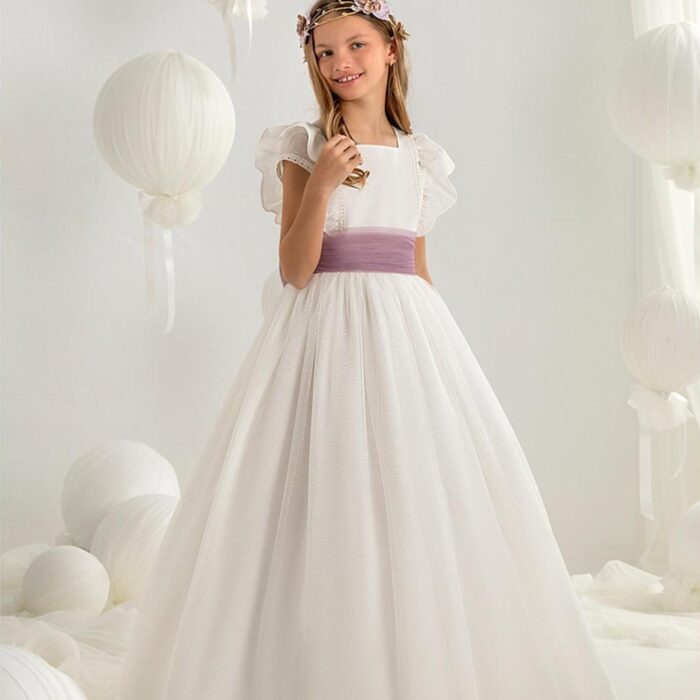 Vestido comunión Carmy malva en tul blanco