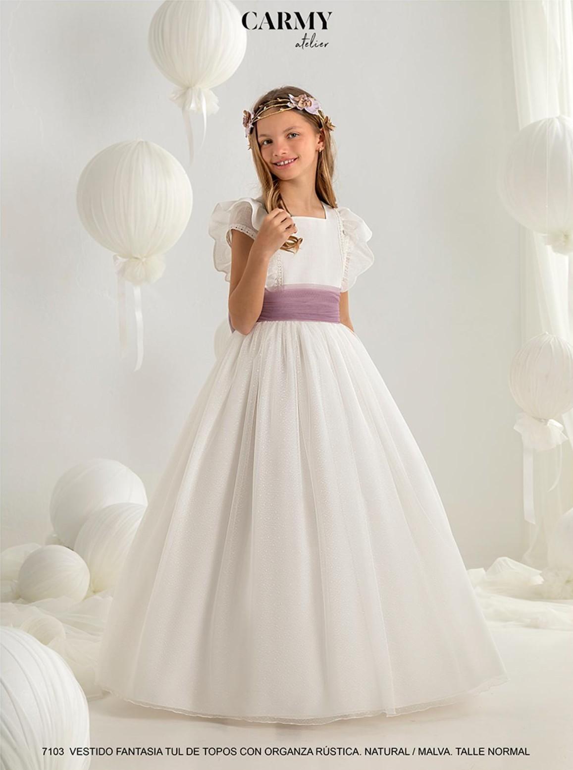 Vestido comunión Carmy malva en tul blanco