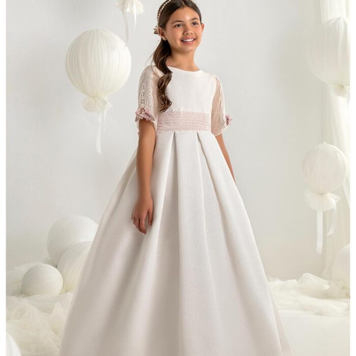 Vestido comunión Carmy organza rallada y fajín rosa