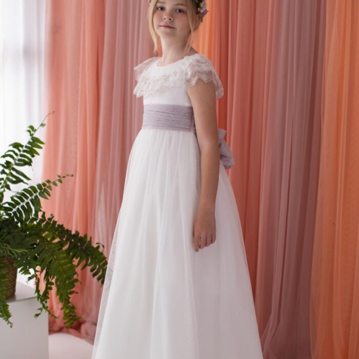 Vestido comunión Niseret niña de tul con fajín rosa