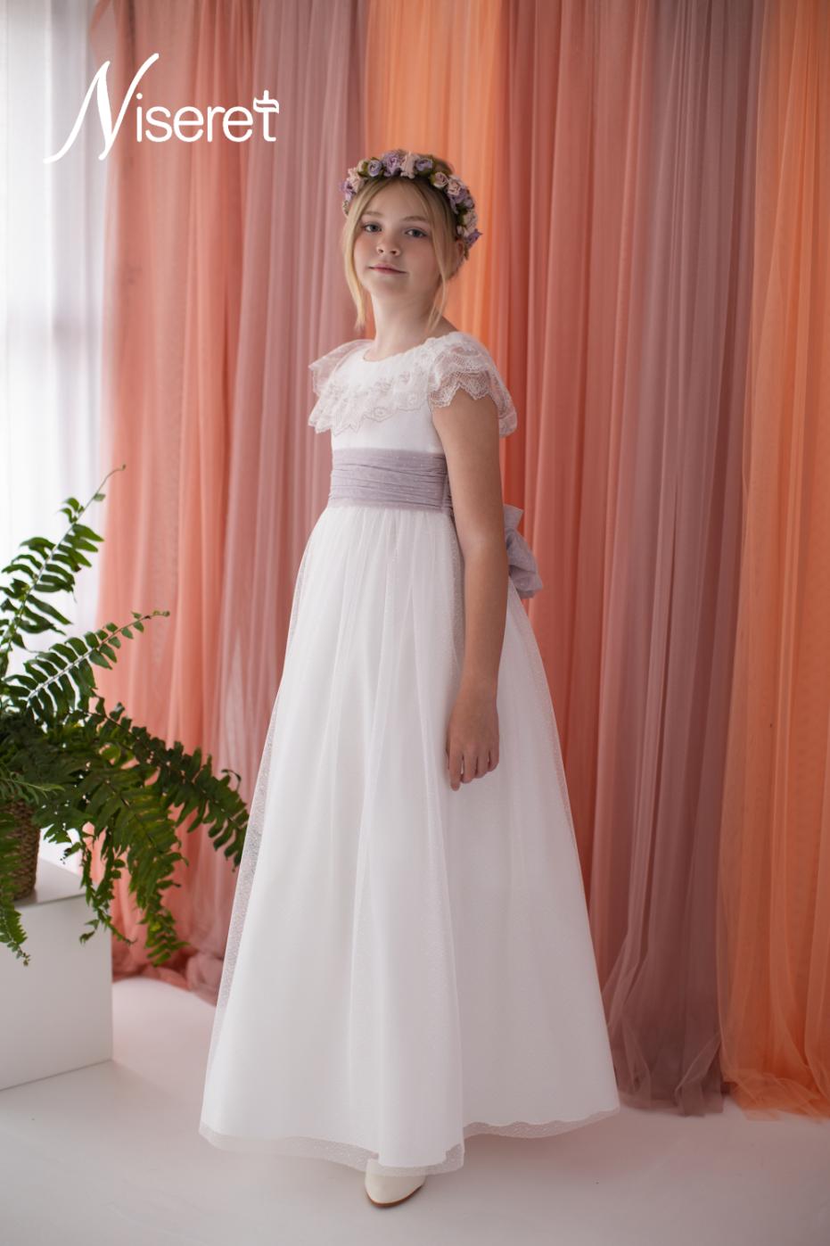 Vestido comunión Niseret niña de tul con fajín rosa