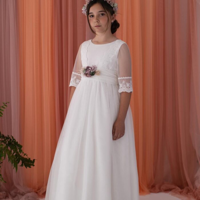 Vestido comunión Niseret blanco con blonda y tul