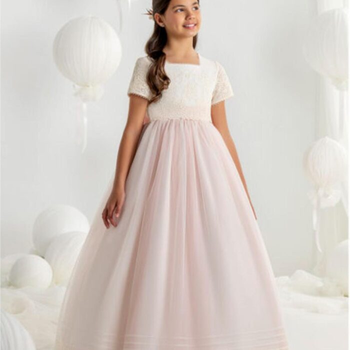Vestido comunión Carmy rosa con brocado bordado y lazada