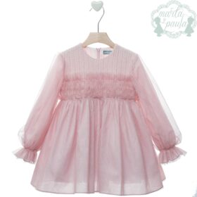 Vestido rosa de punto y tul con manga larga Marta y Paula