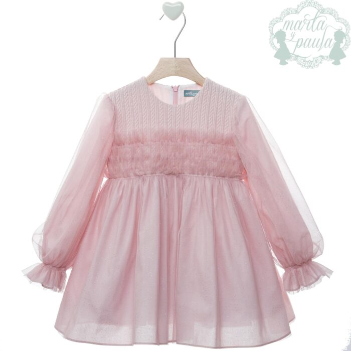Vestido rosa de punto y tul con manga larga Marta y Paula