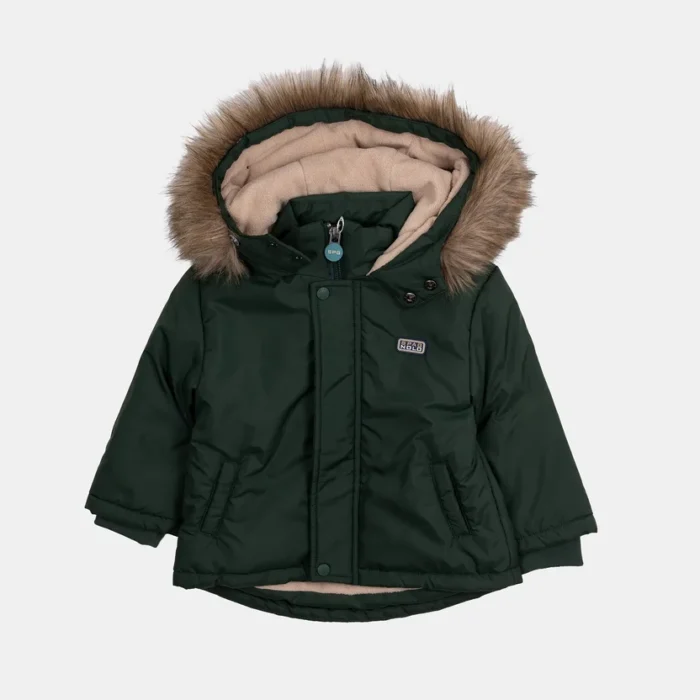 Parka verde caza Spagnolo para bebé con capucha desmontable y borde de pelo suave.