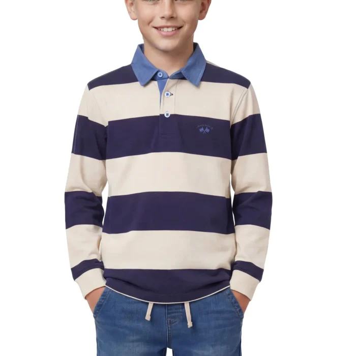 Polo de rayas Spagnolo para niño con cuello tipo gabardina y manga larga.